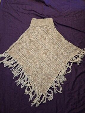 Cream Knit Fringe Poncho